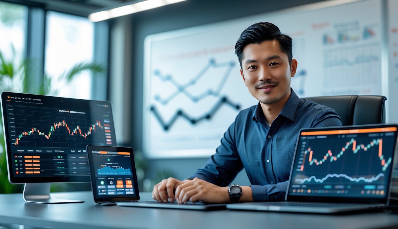 Seorang pria Asia Tenggara duduk di meja modern dengan perangkat digital yang menampilkan grafik dan data, di ruang kantor yang terang dan rapi.