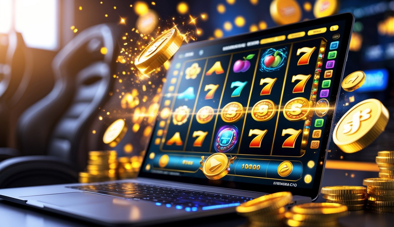 Layar komputer menampilkan permainan slot dengan simbol berwarna cerah dan koin emas berkilauan di sekitarnya.