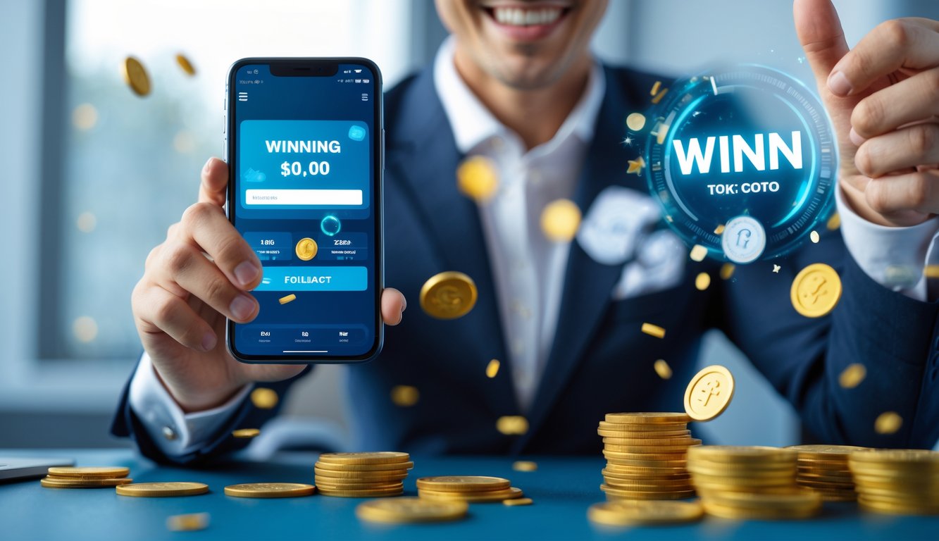 Seseorang yang percaya diri sedang merayakan kemenangan besar dengan memegang ponsel di lingkungan permainan modern.