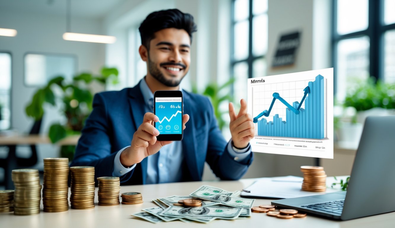 Seorang pengusaha muda tersenyum memegang ponsel dengan grafik keuntungan di kantor modern yang terang dan rapi.