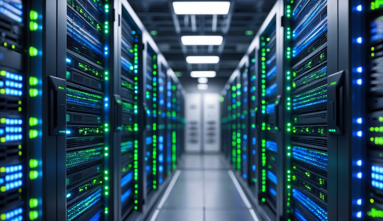 Ruang server modern dengan baris server canggih yang menyala dengan lampu LED biru dan hijau, menunjukkan kinerja tinggi dan stabilitas.