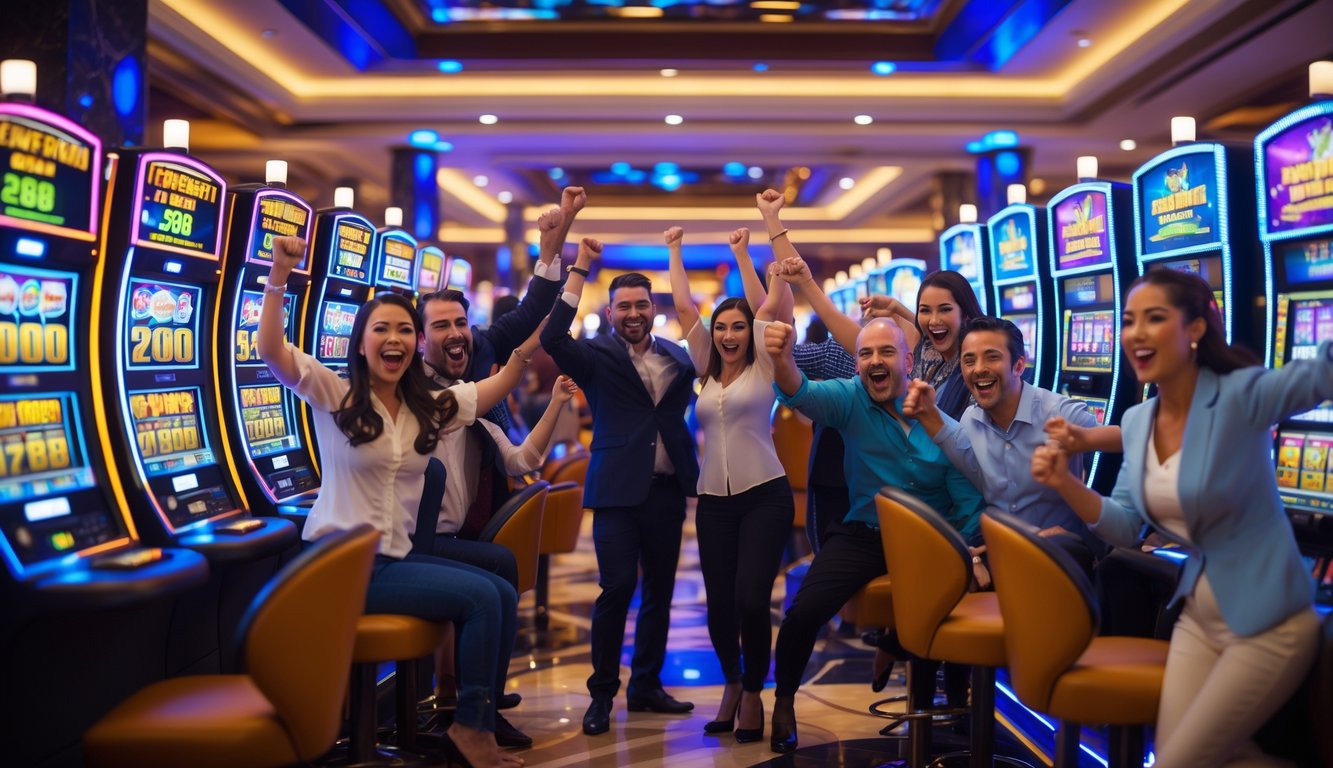 Orang-orang bermain mesin slot di kasino dengan suasana meriah dan lampu warna-warni, merayakan kemenangan jackpot besar.