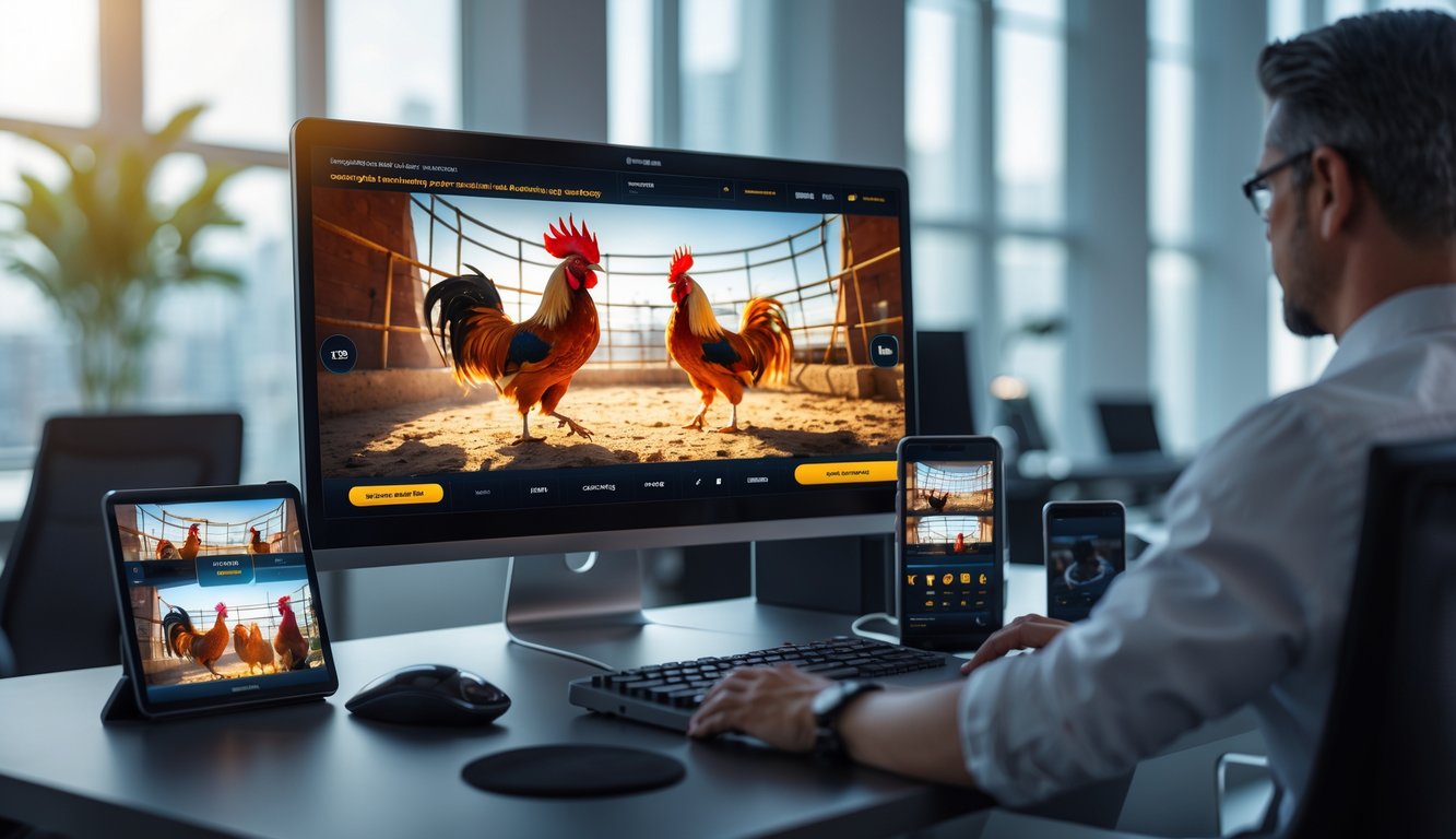 Sebuah layar komputer menampilkan siaran langsung pertandingan sabung ayam dengan suasana kantor modern dan rapi.