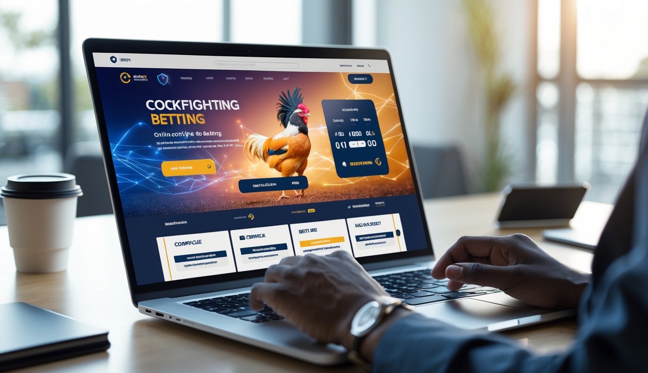 Seorang pengguna sedang melihat situs taruhan sabung ayam online di laptop di ruang kerja yang rapi dan terang.