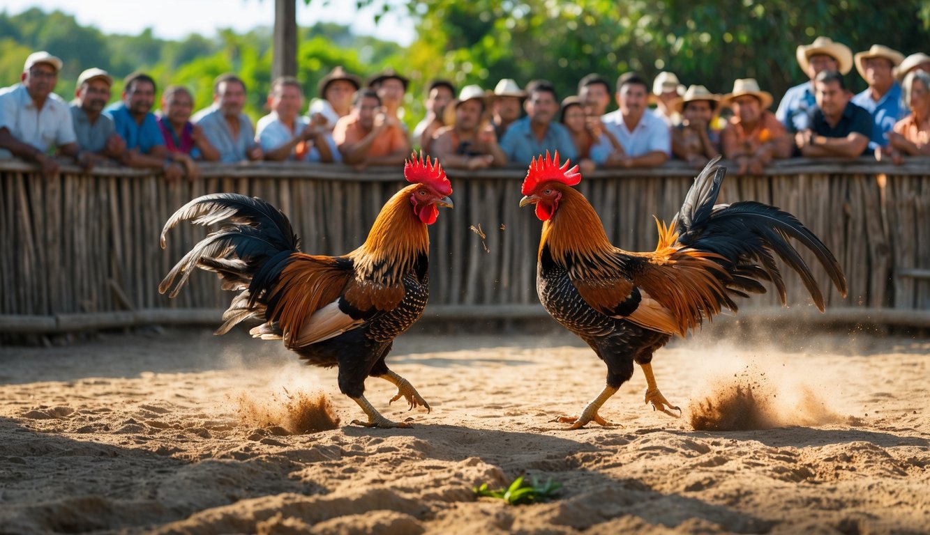Dua ayam jago sedang bertarung di arena sabung ayam dengan penonton yang antusias mengelilingi mereka.