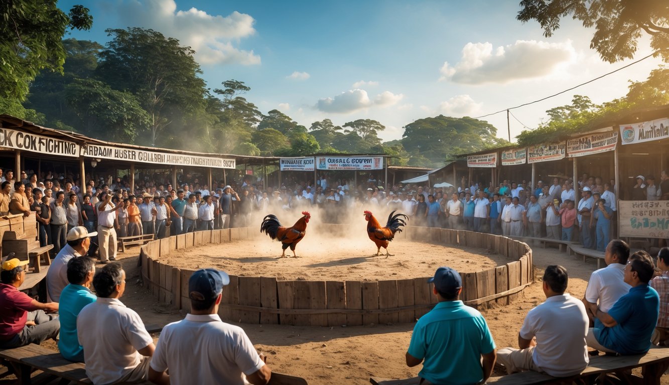 Suasana arena sabung ayam tradisional dengan penonton yang antusias menyaksikan pertandingan dua ayam jago di ring kayu di luar ruangan.