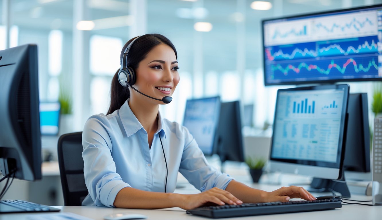 Seorang petugas layanan pelanggan yang ramah mengenakan headset sedang membantu klien di pusat layanan yang modern dan terang.