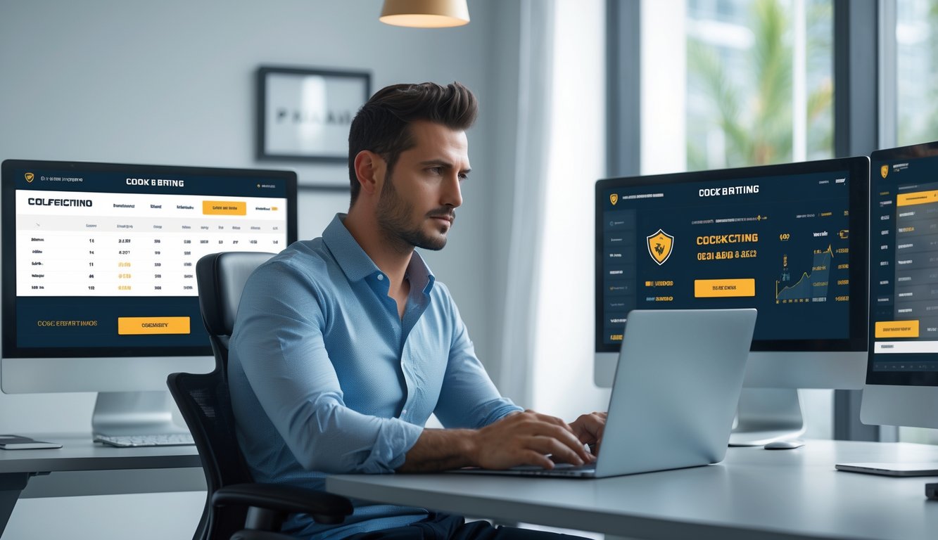 Seorang pria duduk di meja dengan beberapa layar komputer yang menampilkan situs taruhan online sabung ayam, terlihat fokus dan percaya diri di lingkungan kantor yang modern.