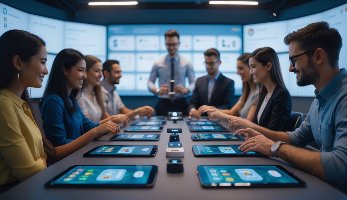 Sekelompok orang sedang bermain game kartu digital bersama di ruangan modern dengan dealer profesional mengawasi permainan.