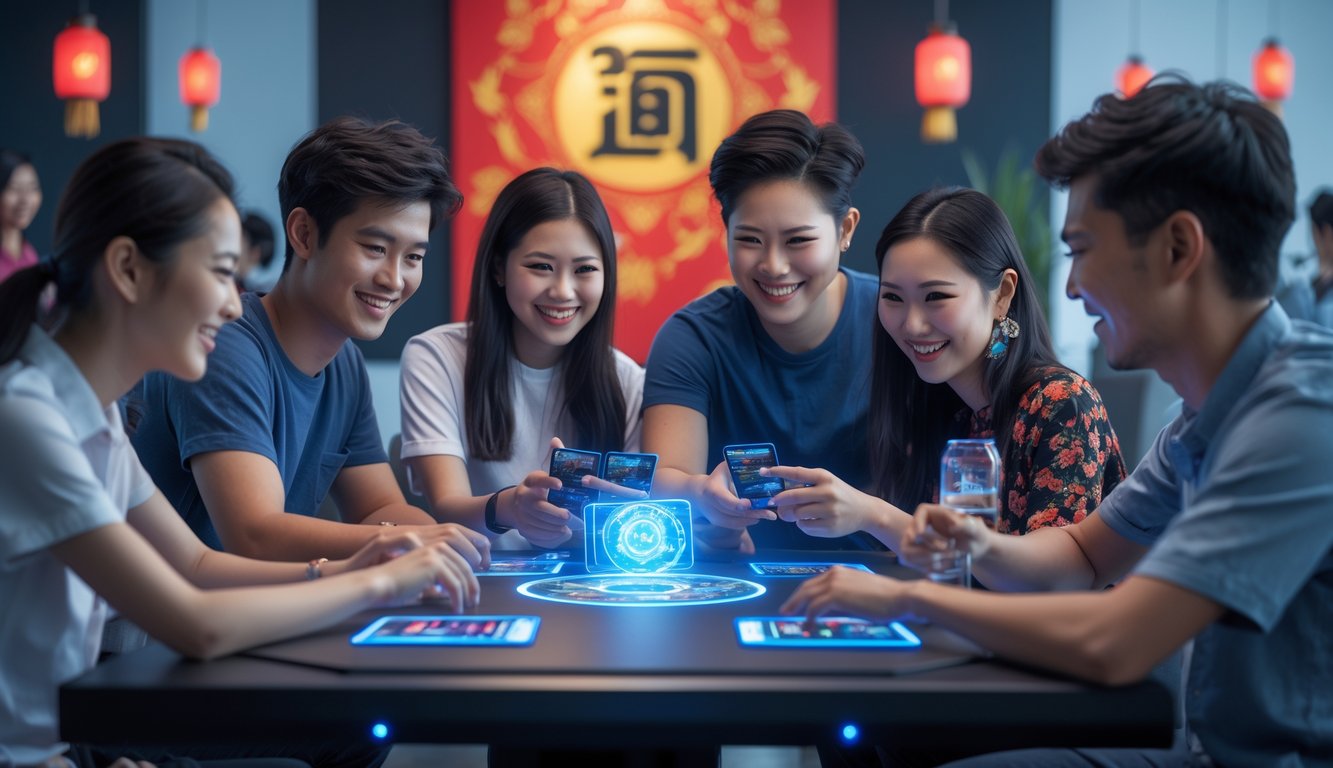 Sekelompok orang muda bermain permainan kartu digital bersama di ruangan modern dengan dekorasi Asia Tenggara.