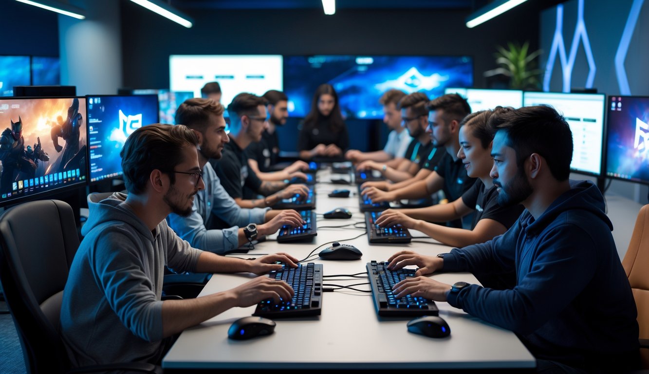 Sekelompok orang bermain game multiplayer bersama di sebuah ruangan modern dengan komputer dan layar besar.