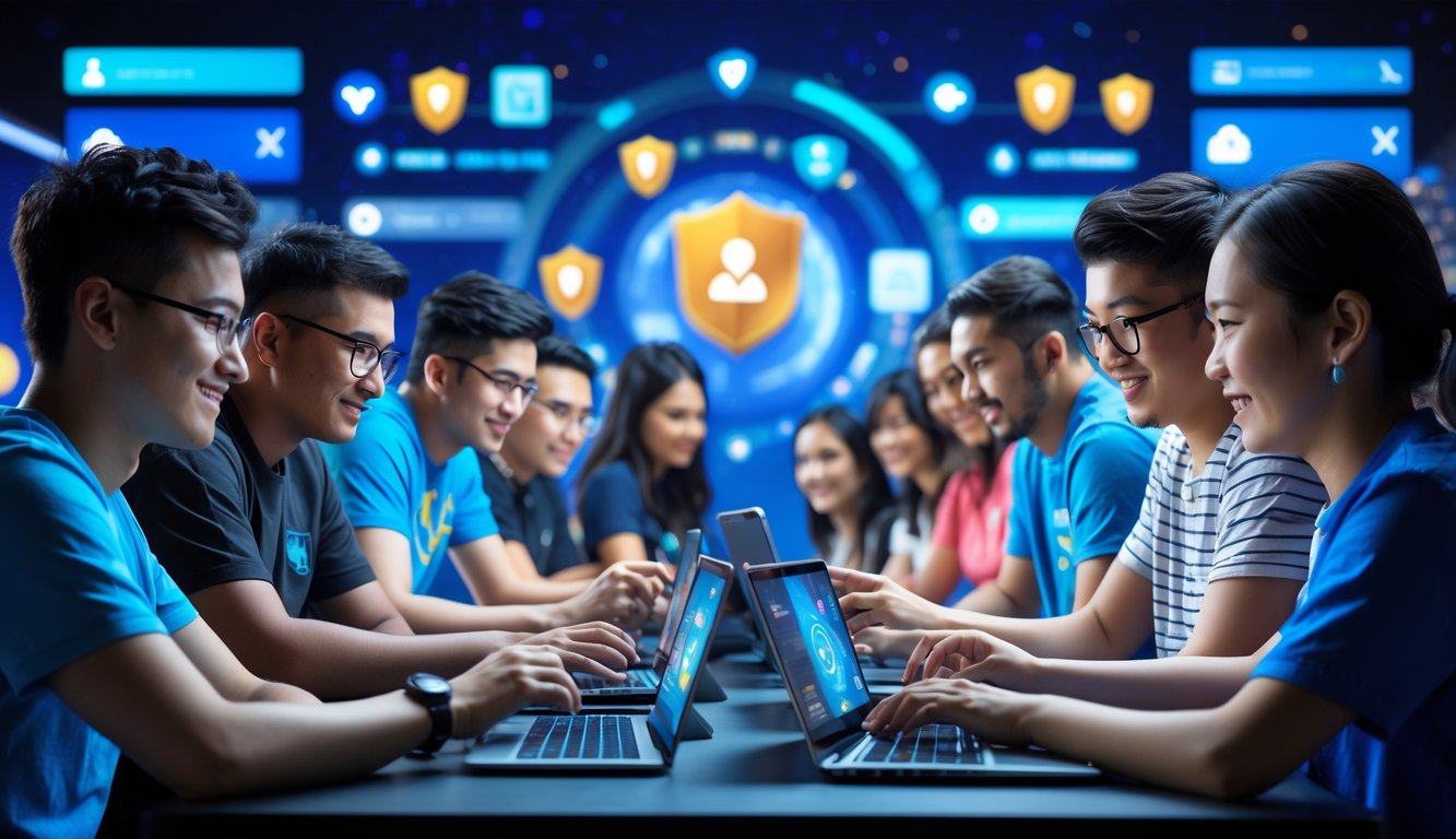 Beberapa orang sedang bermain game kartu secara online bersama menggunakan perangkat digital di lingkungan yang ramai dan penuh semangat.