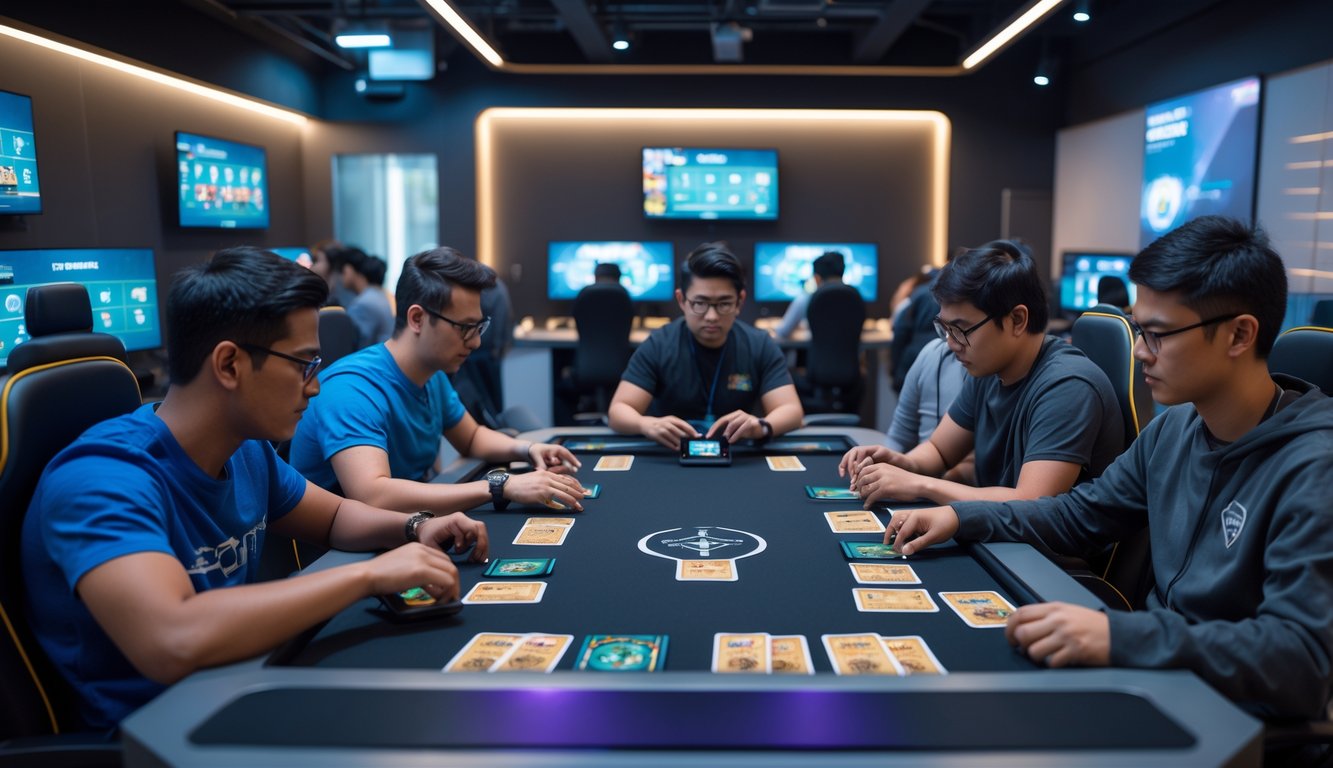 Beberapa orang bermain kartu secara multiplayer di meja digital real-time dalam ruang permainan modern.