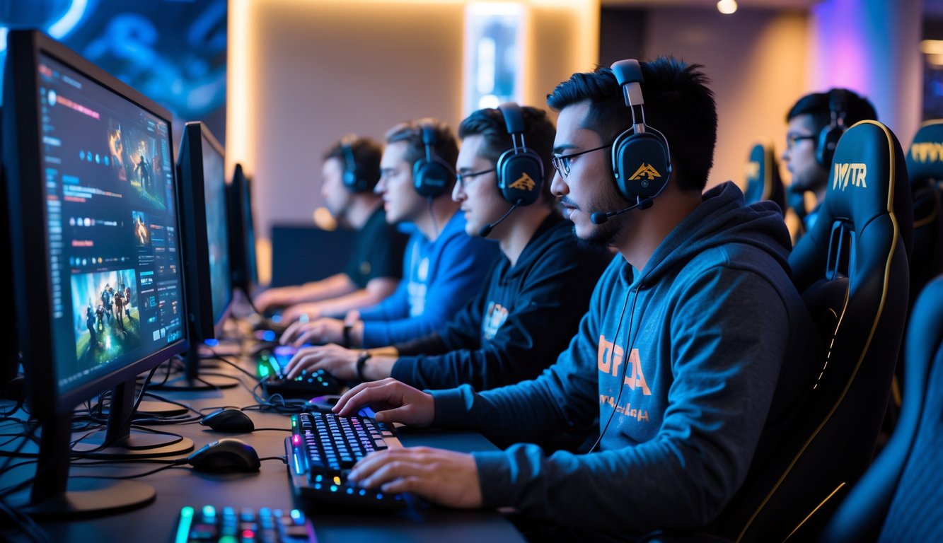 Sekelompok orang bermain game multiplayer di ruang gaming modern yang terang dan penuh semangat.