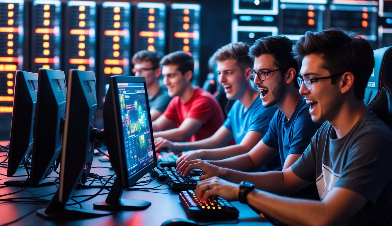 Sekelompok orang muda sedang bermain game multiplayer di ruang gaming modern dengan rak server yang menyala di latar belakang.