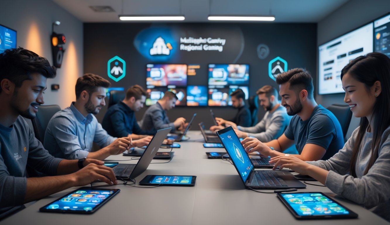 Sekelompok orang bermain permainan kartu digital bersama di ruangan modern yang terang dengan berbagai perangkat elektronik.