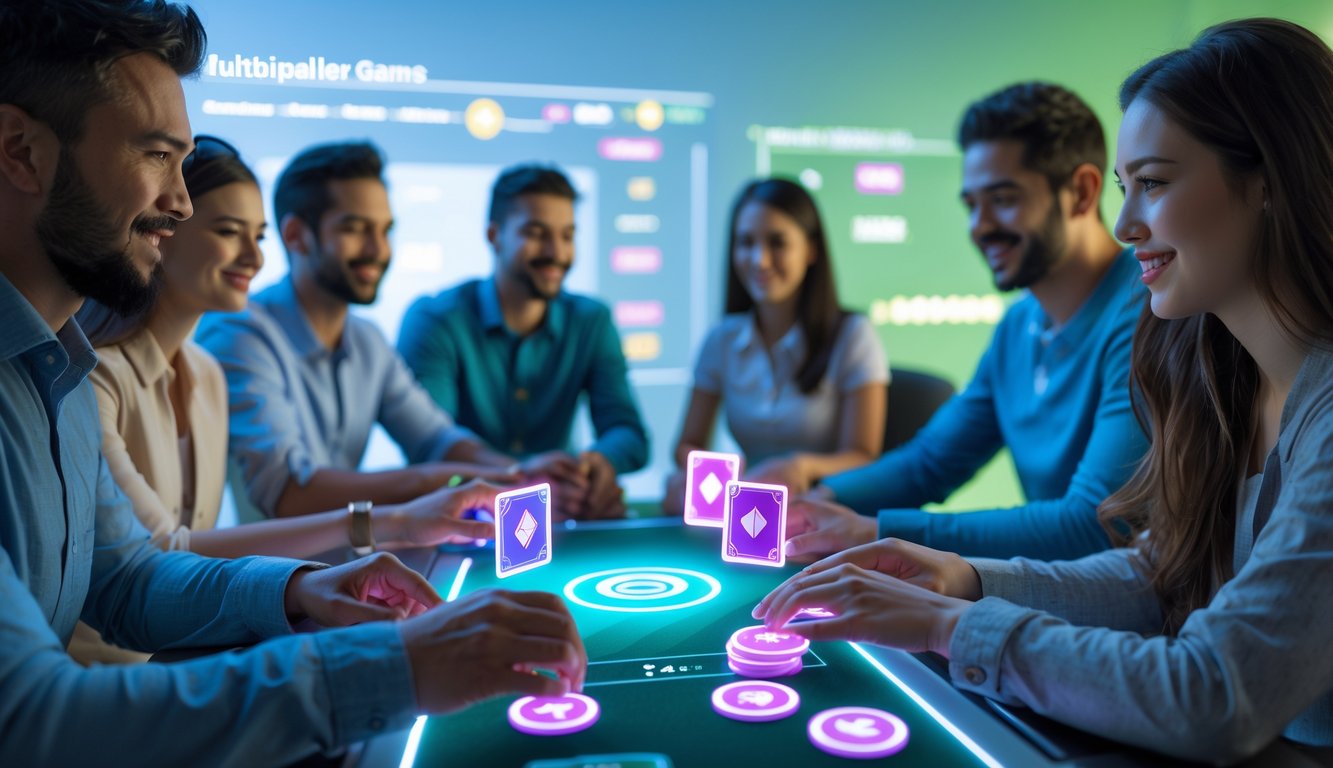 Sekelompok orang bermain permainan kartu secara online di meja digital dengan suasana yang profesional dan terpercaya.