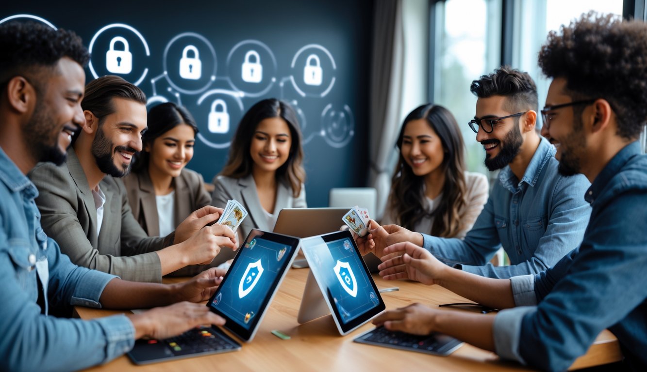 Beberapa orang bermain game kartu secara online bersama di ruangan modern dengan suasana ramah dan fokus.