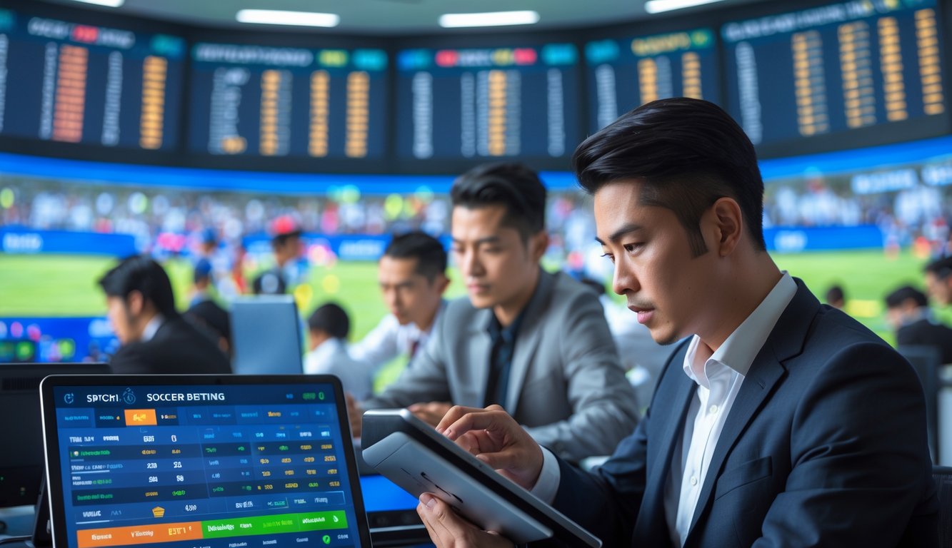 Orang-orang di kantor taruhan olahraga menonton layar besar dengan statistik dan peluang pertandingan sepak bola.