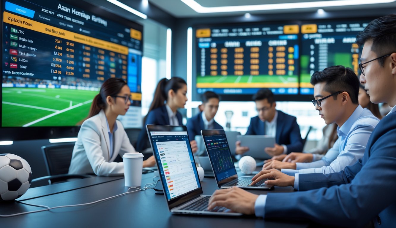 Sekelompok orang profesional sedang menganalisis data taruhan sepak bola di ruang kantor modern dengan layar digital besar.