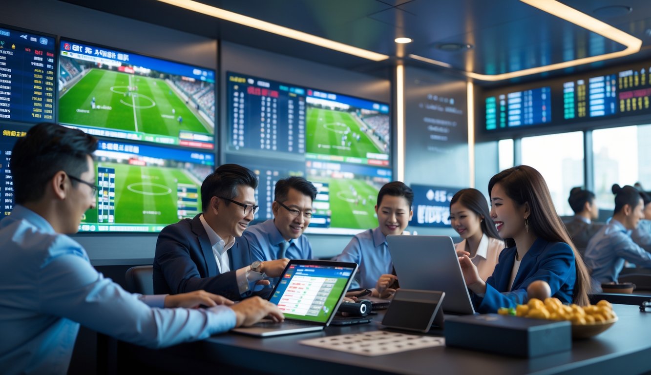 Orang-orang sedang memasang taruhan langsung pada pertandingan sepak bola di sebuah ruang taruhan modern dengan layar besar yang menampilkan pertandingan dan peluang taruhan.