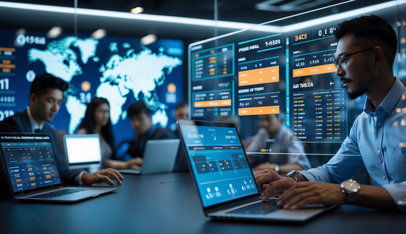 Orang-orang di kantor modern sedang melihat data taruhan sepak bola dari berbagai liga dunia pada layar digital.