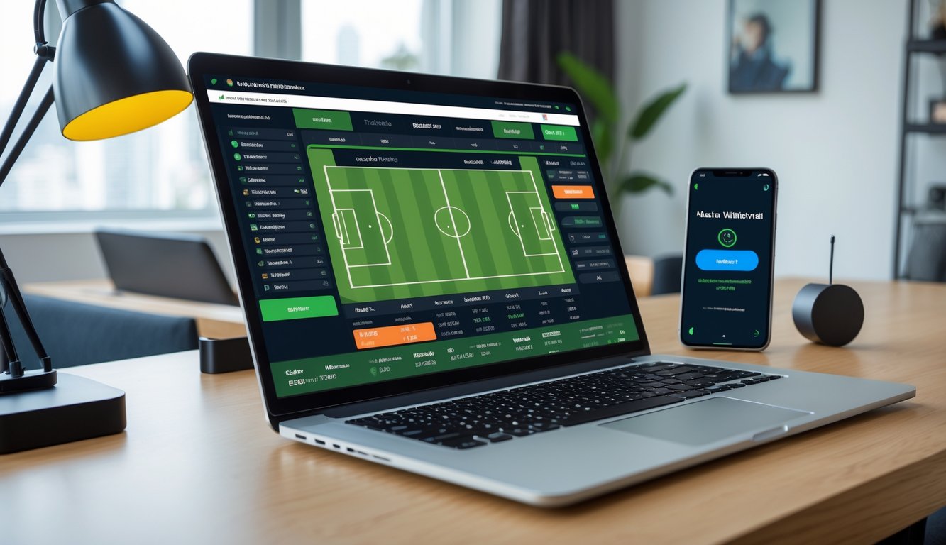 Seorang pria menggunakan laptop dengan tampilan taruhan sepak bola handicap Asia, di meja terdapat smartphone dan kartu kredit, di ruang kerja yang terang dan modern.