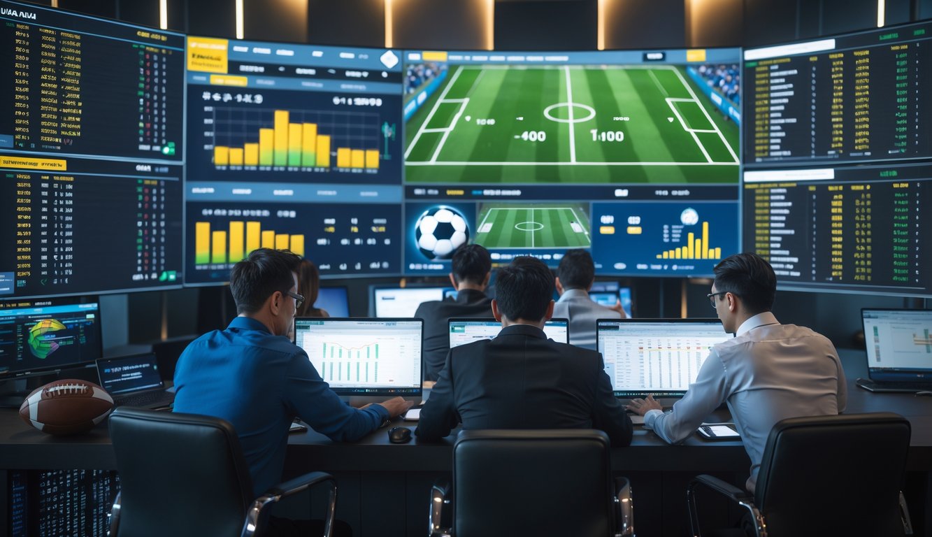 Beberapa orang sedang menganalisis data pertandingan sepak bola dengan layar besar dan perangkat elektronik di ruang modern.