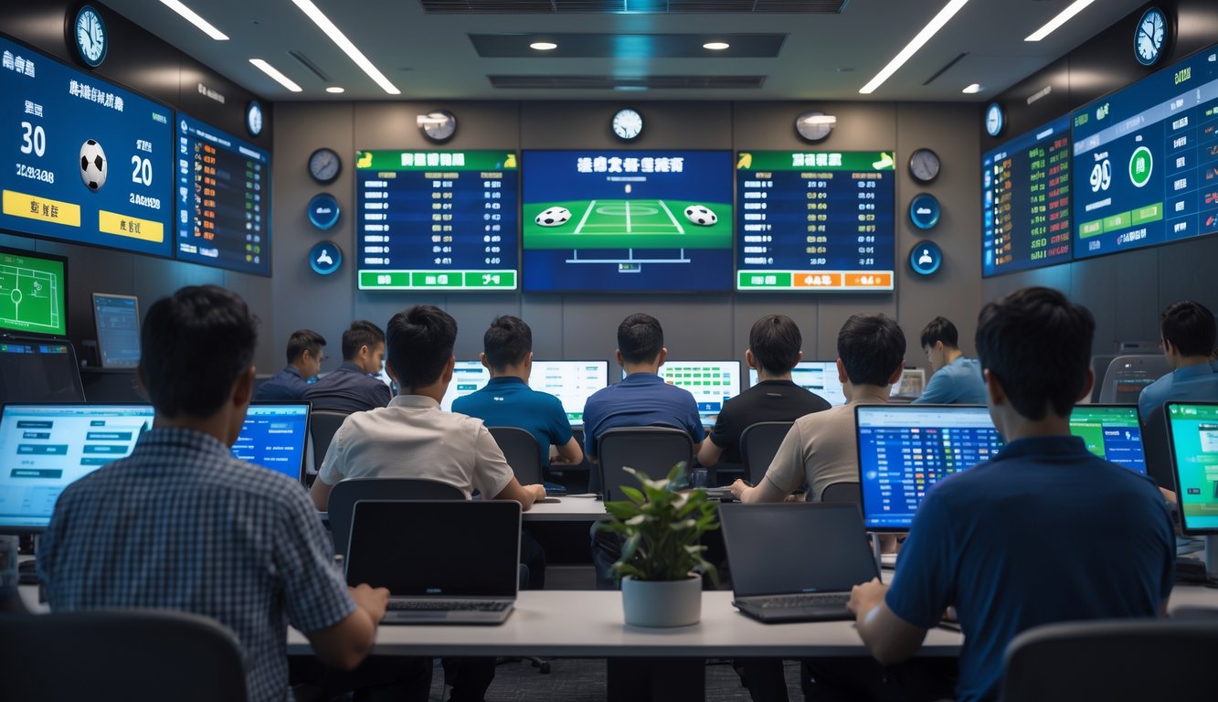 Orang-orang sedang memasang taruhan sepak bola di kantor taruhan dengan layar digital yang menampilkan statistik dan skor pertandingan.