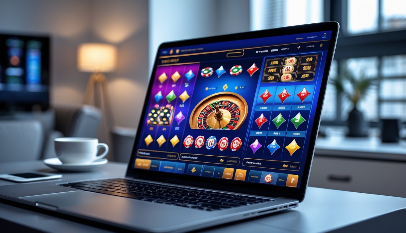 Suasana ruang kerja modern dengan komputer menampilkan berbagai permainan judi online di layar.