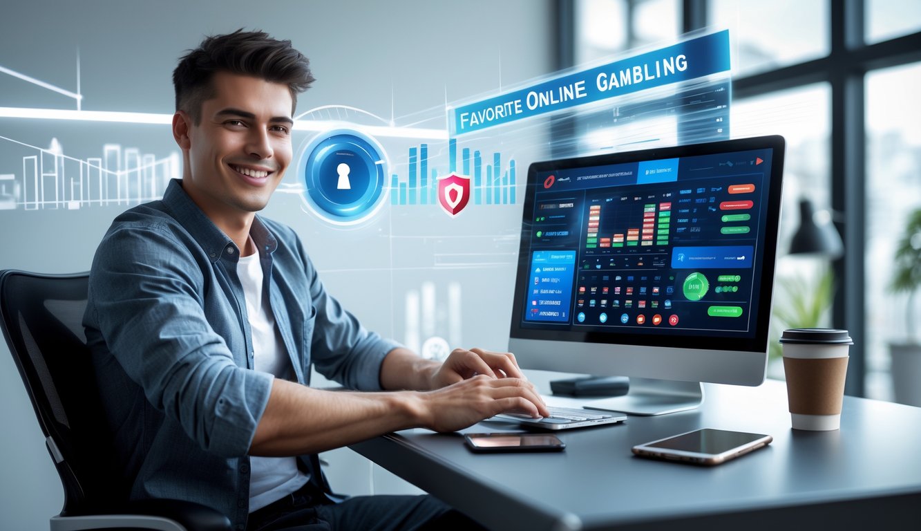 Seorang pria muda duduk di depan laptop di kantor modern, menggunakan platform judi online dengan suasana yang aman dan cepat.