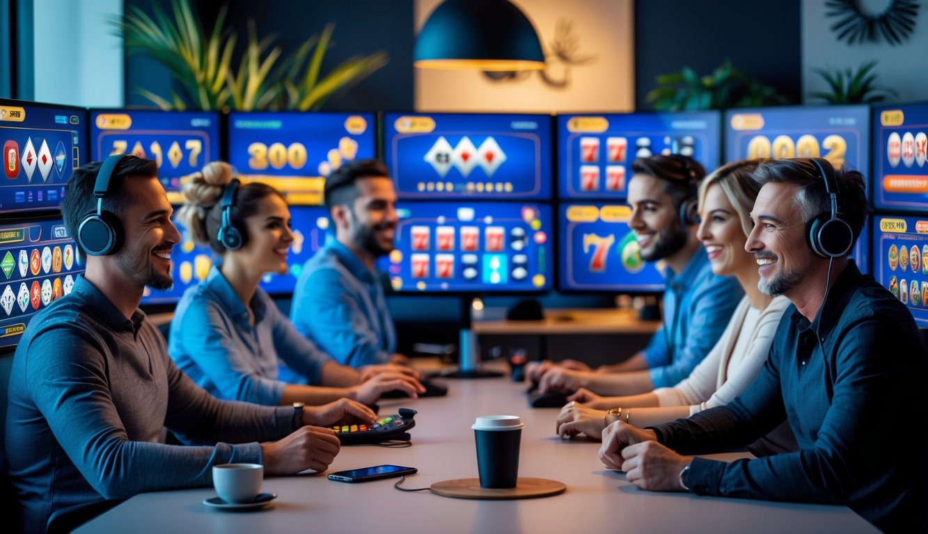 Beberapa orang sedang bermain permainan kasino online di sebuah ruangan dengan komputer dan peralatan gaming.