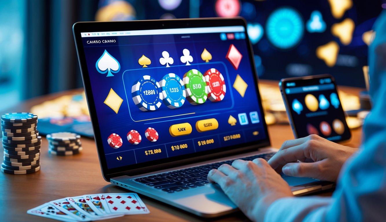 Seorang pria menggunakan laptop dengan tampilan permainan kasino online di meja kerja yang modern dan terang.