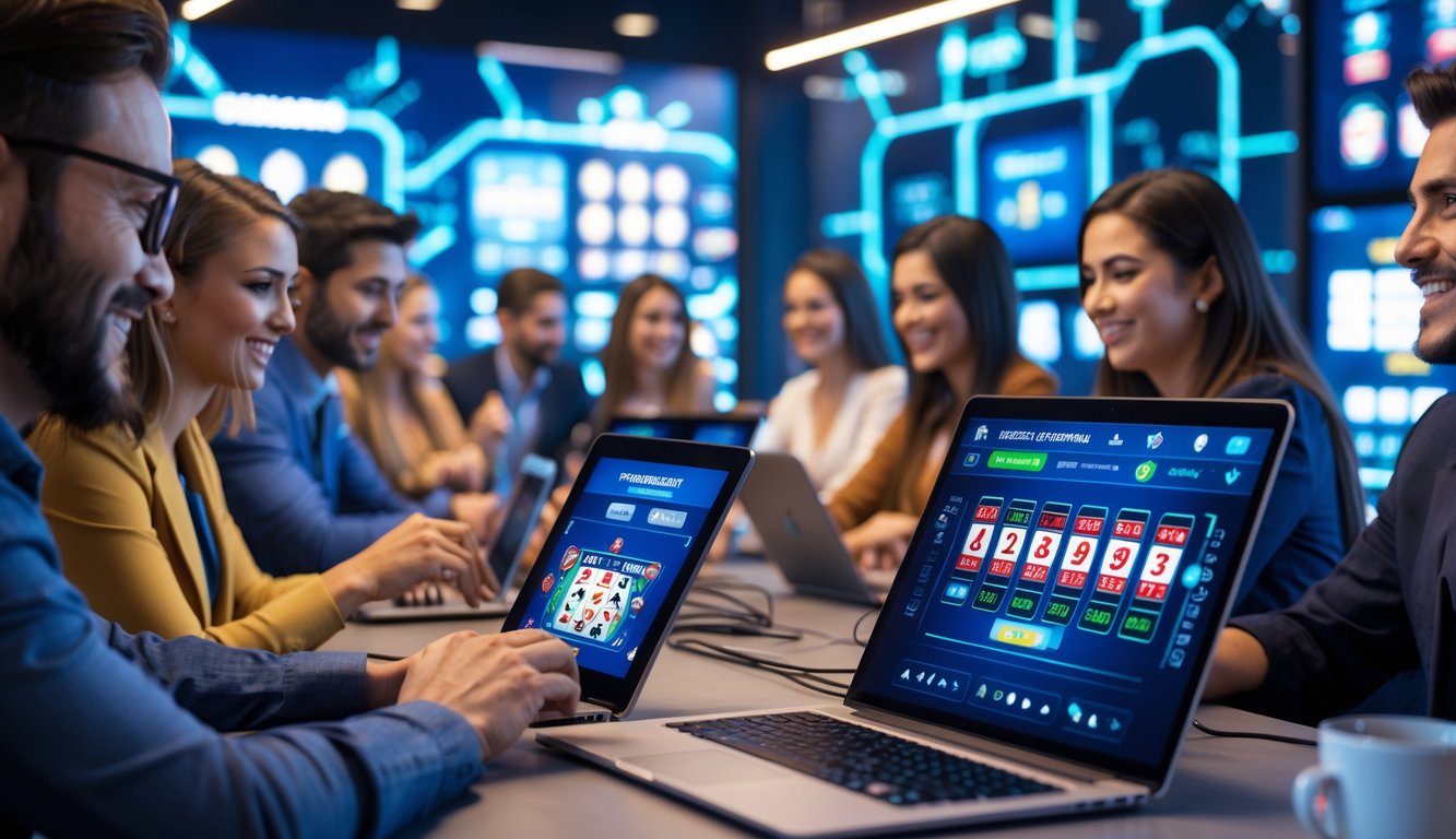 Sekelompok orang menggunakan perangkat digital untuk bermain permainan kasino online dalam ruangan modern yang terang dan nyaman.