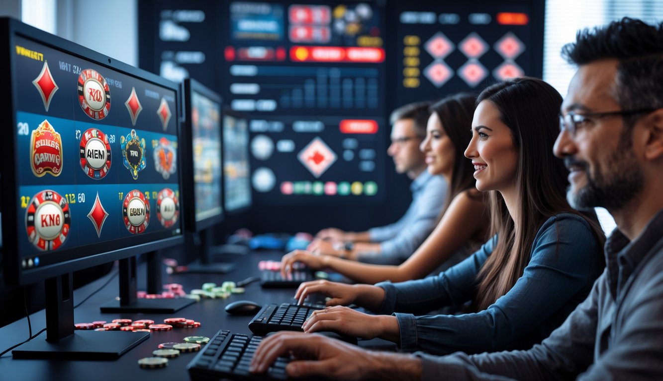 Orang-orang bermain permainan judi online di ruang kerja dengan beberapa monitor komputer.