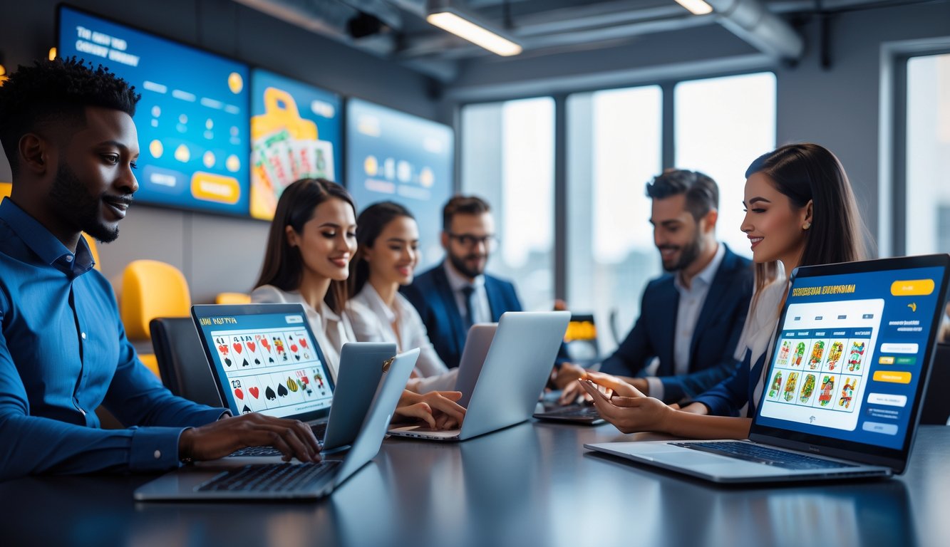 Sekelompok orang di ruang kantor modern menggunakan perangkat digital untuk bermain permainan kasino online dengan suasana profesional dan terpercaya.