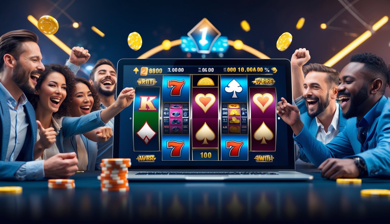 Orang-orang yang bahagia merayakan kemenangan saat bermain judi online di perangkat digital.