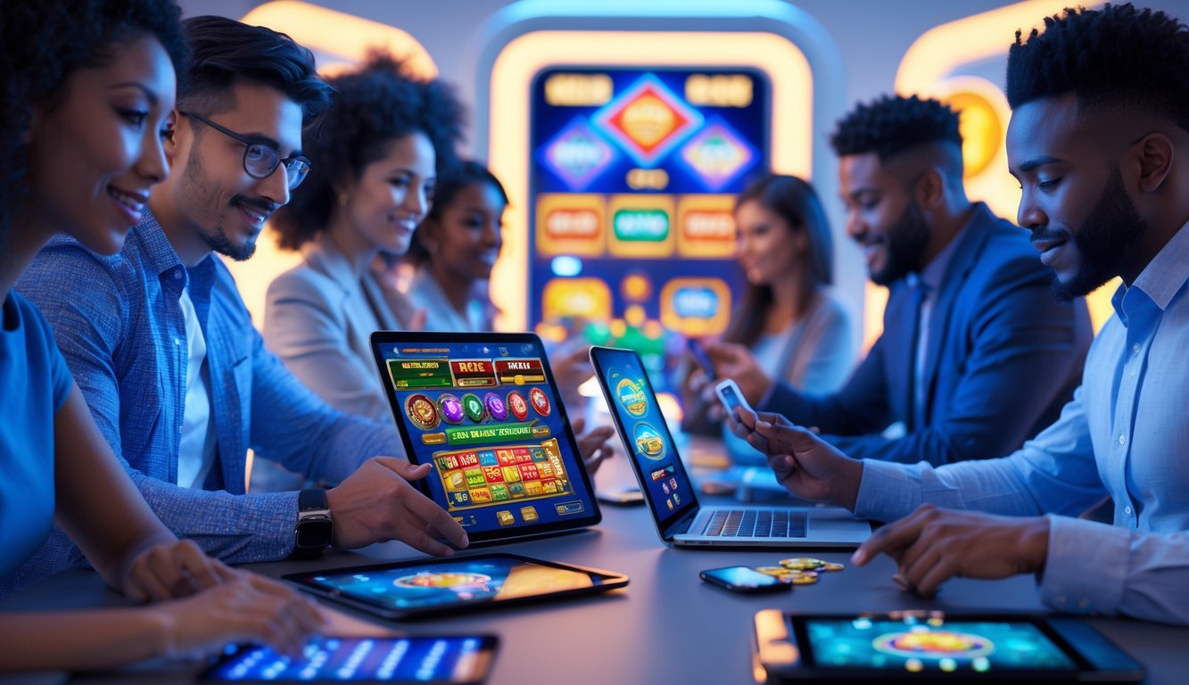 Beberapa orang menggunakan berbagai perangkat digital untuk bermain judi online dengan suasana yang cerah dan modern.