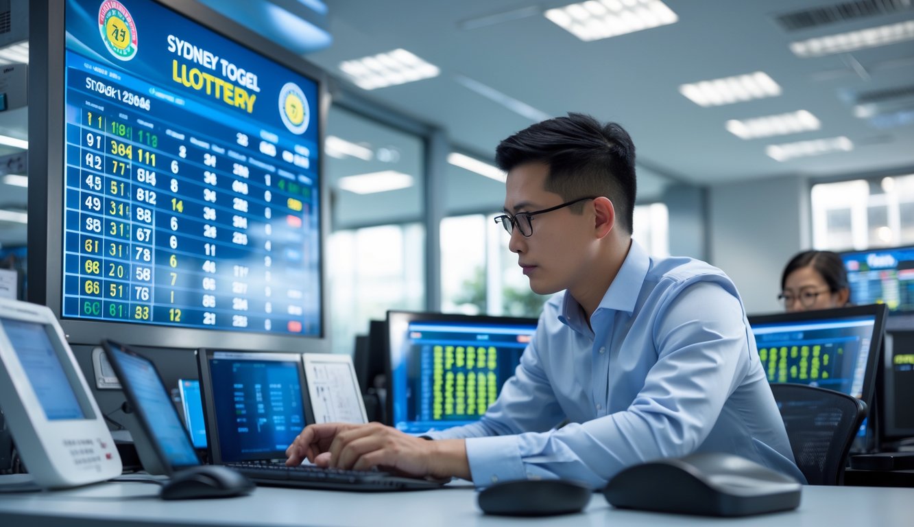 Seorang profesional sedang menganalisis data togel Sydney di kantor modern dengan layar digital yang menampilkan angka hasil secara cepat.