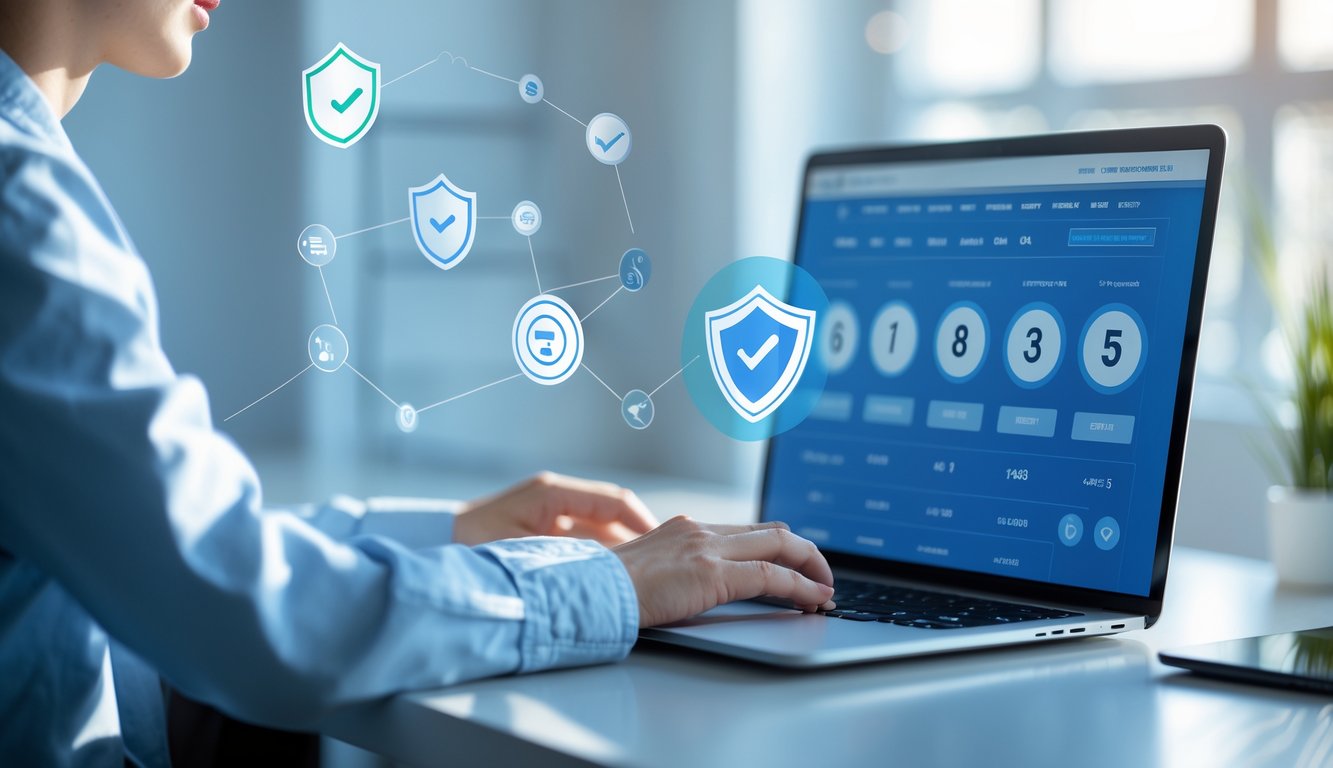 Sebuah meja kerja modern dengan laptop yang menampilkan antarmuka lotere digital, dikelilingi oleh simbol keamanan dan keadilan seperti ikon perisai transparan dan tanda centang.