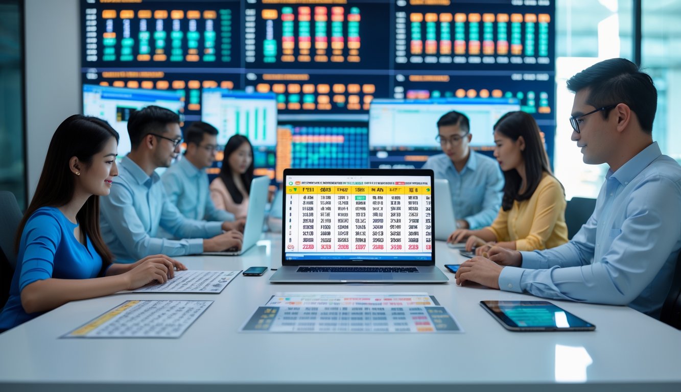Orang-orang di kantor modern sedang menganalisis data dan angka togel dengan komputer dan layar digital.
