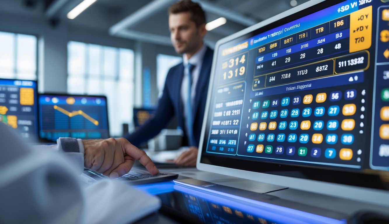 Seorang profesional sedang menggunakan antarmuka digital dengan tampilan angka dan grafik taruhan di kantor modern.