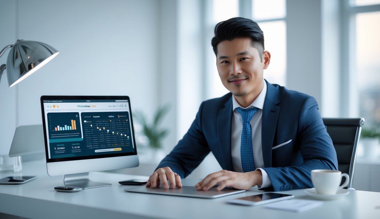 Seorang pria Asia Tenggara duduk di meja dengan laptop di ruang kantor yang terang dan rapi, tersenyum percaya diri.