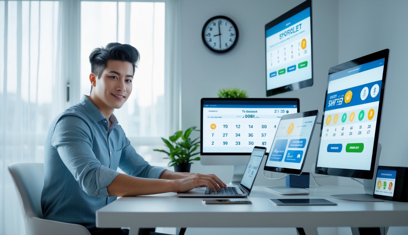 Seseorang menggunakan laptop di meja kerja modern dengan layar digital menampilkan angka lotre dan ikon transaksi cepat.