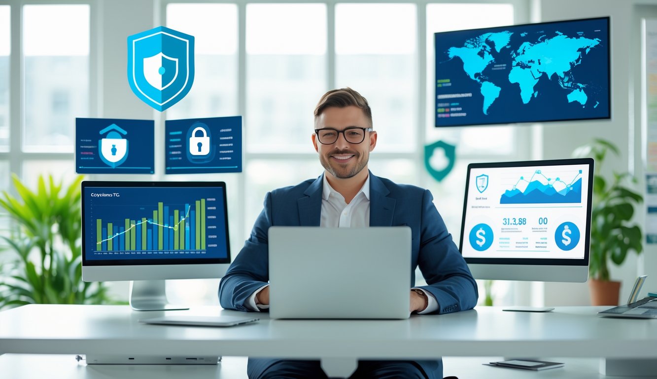 Seorang pebisnis duduk di meja modern dengan laptop dan layar yang menampilkan data keuangan, di kantor yang terang dan rapi.