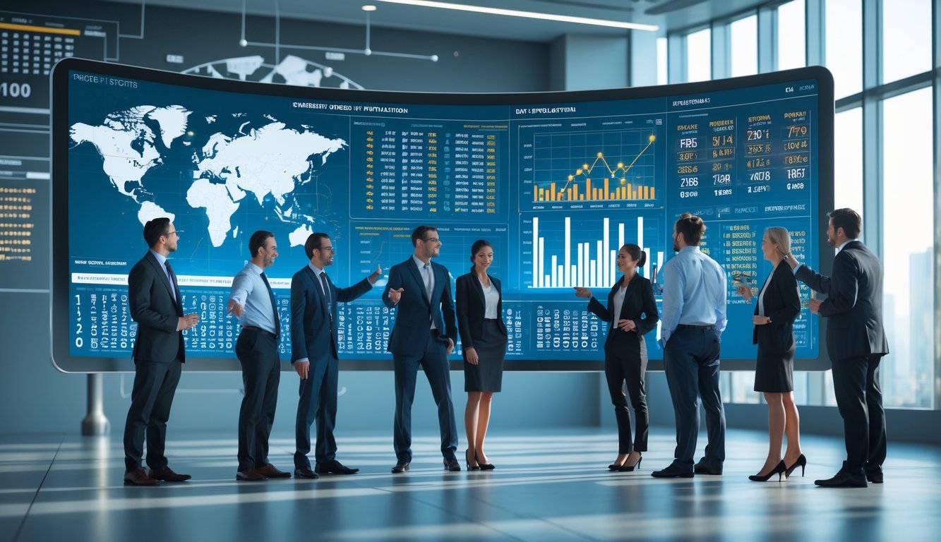 Sekelompok profesional sedang berdiskusi di kantor modern dengan layar digital yang menampilkan grafik dan data prediksi togel.