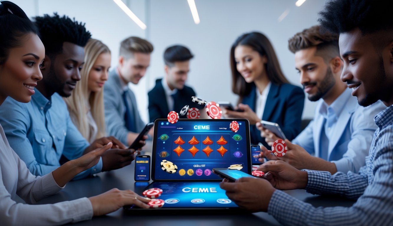 Sekelompok orang muda menggunakan perangkat digital untuk bermain judi online dengan suasana yang cepat dan aman.