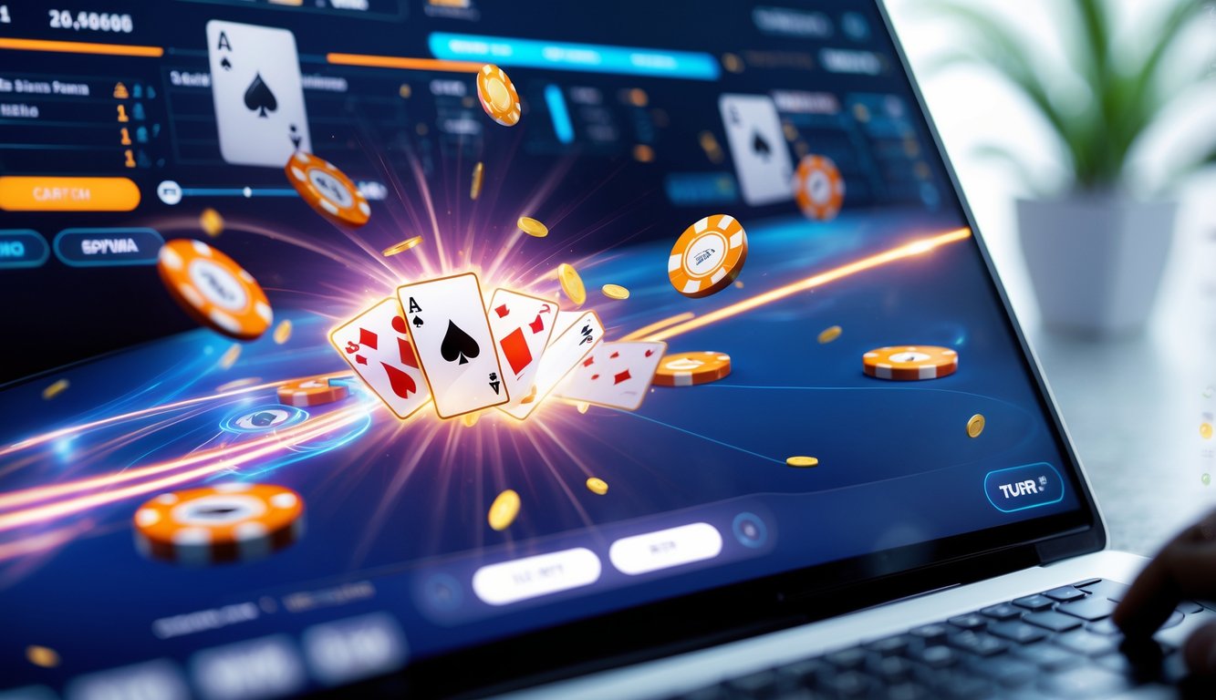 Tampilan layar perangkat digital yang menunjukkan permainan Bandar Ceme dengan kartu dan chip bergerak cepat dalam suasana permainan online yang dinamis.