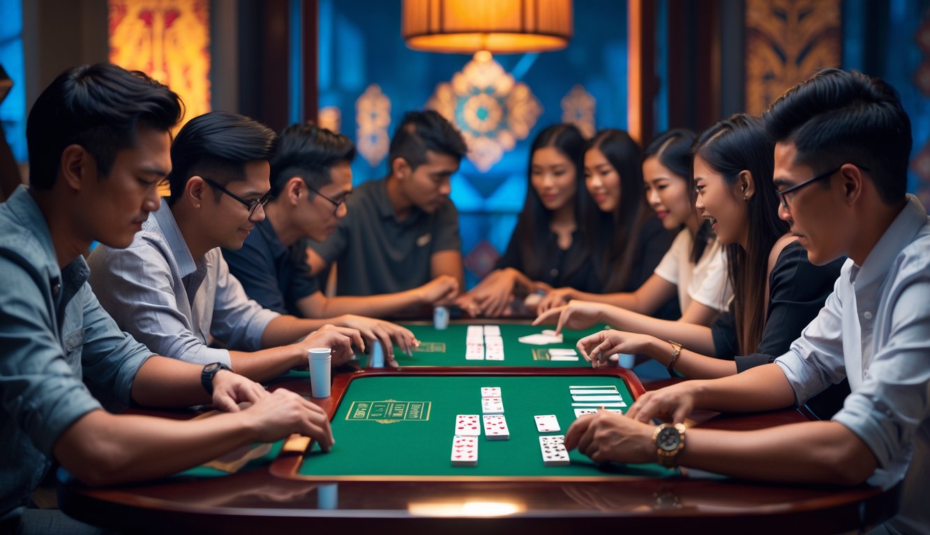 Sekelompok orang muda bermain permainan kartu dan domino di meja kayu dengan suasana hangat dan dekorasi tradisional Indonesia.