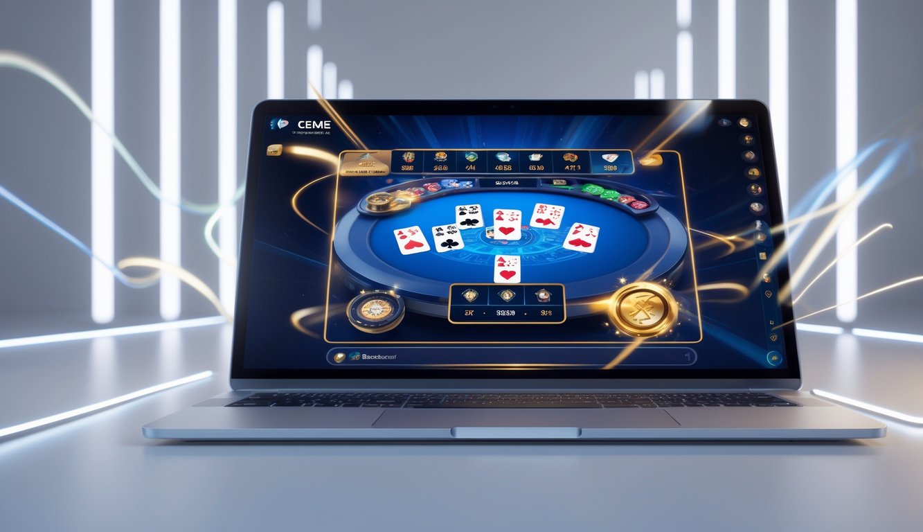 Layar perangkat menampilkan permainan kartu digital dengan efek visual yang menunjukkan kecepatan transaksi dalam suasana teknologi modern.